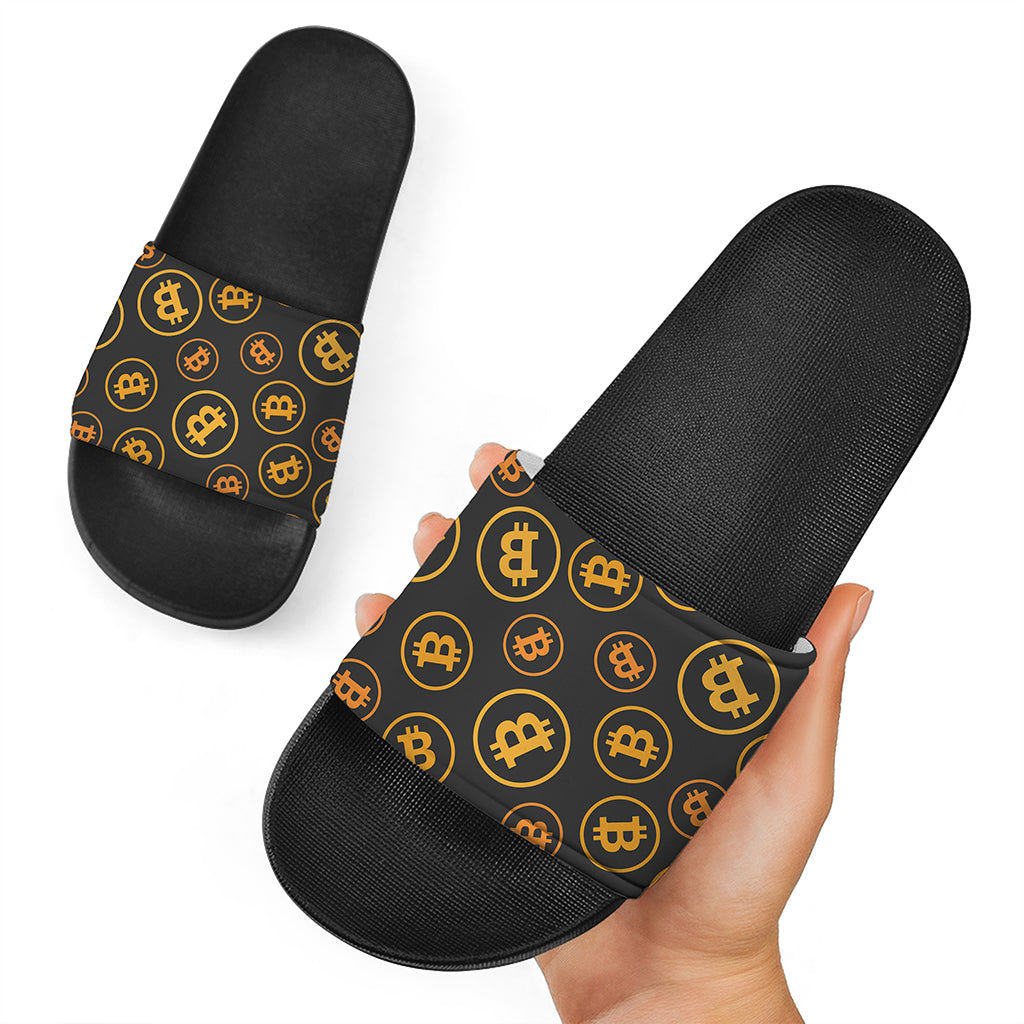 Bitcoin Cryptocurrency Pattern Print Black Slide Sandals