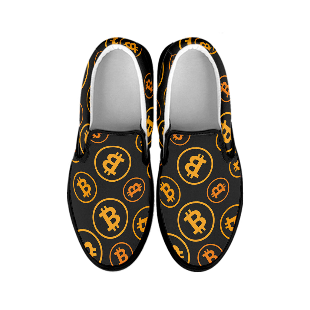 Bitcoin Cryptocurrency Pattern Print Black Slip On Shoes