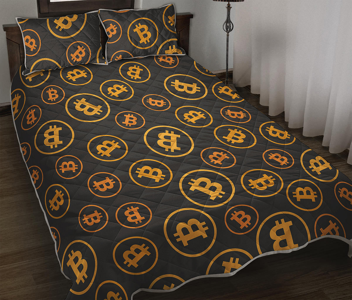Bitcoin Cryptocurrency Pattern Print Quilt Bed Set