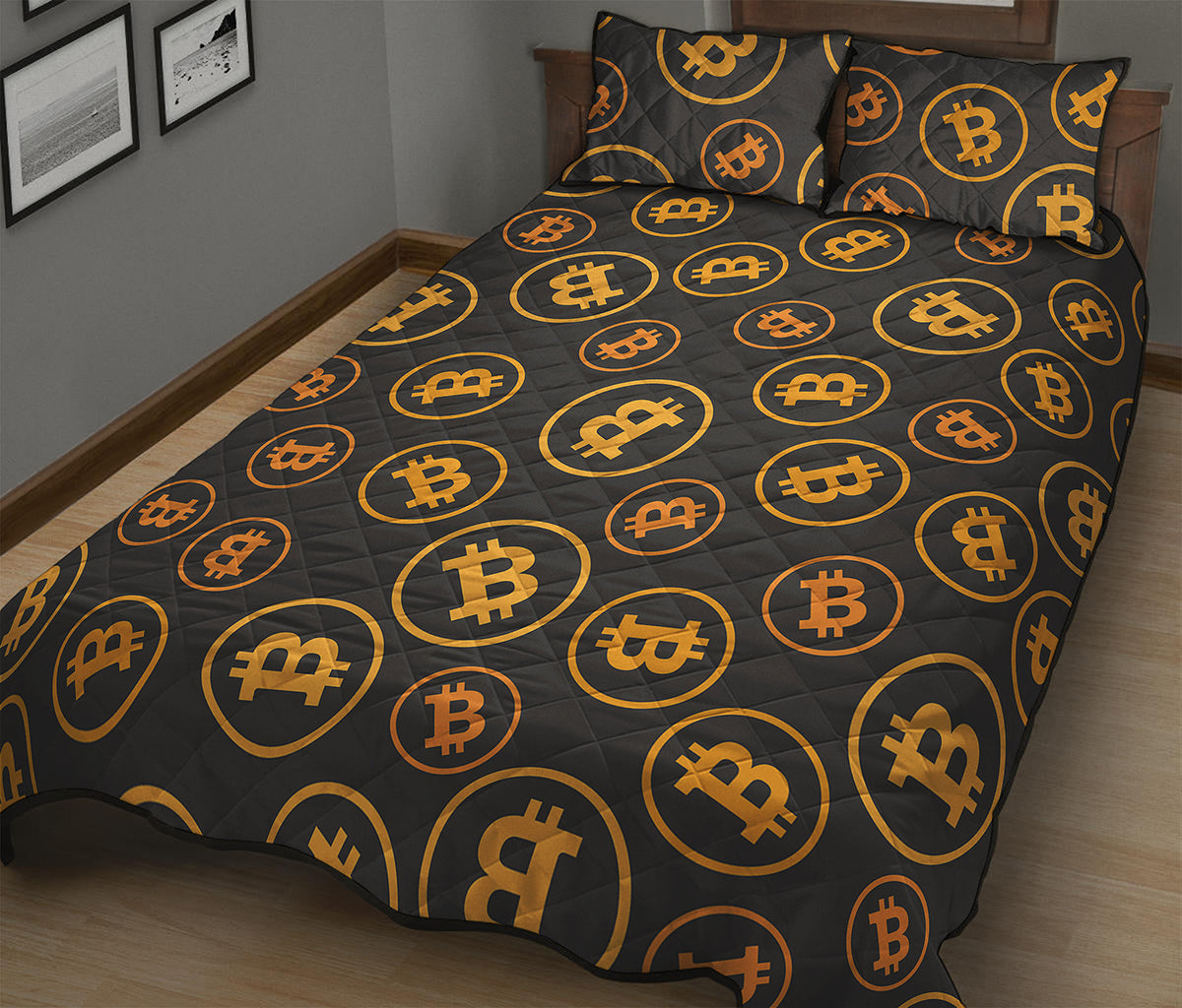 Bitcoin Cryptocurrency Pattern Print Quilt Bed Set