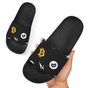 Bitcoin Symbol Pattern Print Black Slide Sandals