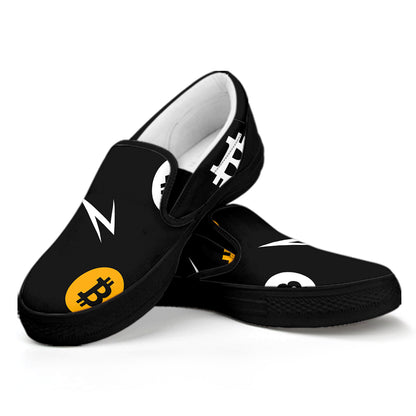 Bitcoin Symbol Pattern Print Black Slip On Shoes