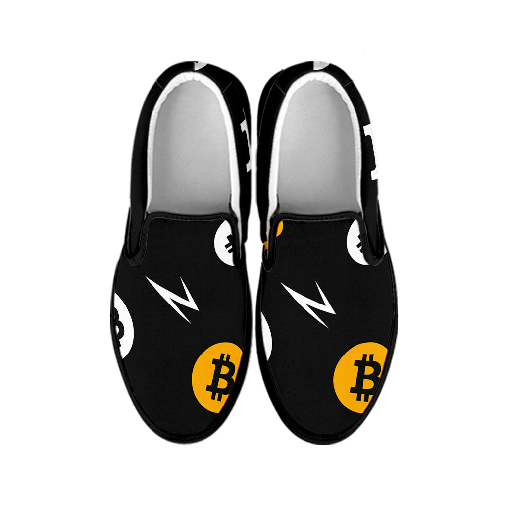 Bitcoin Symbol Pattern Print Black Slip On Shoes