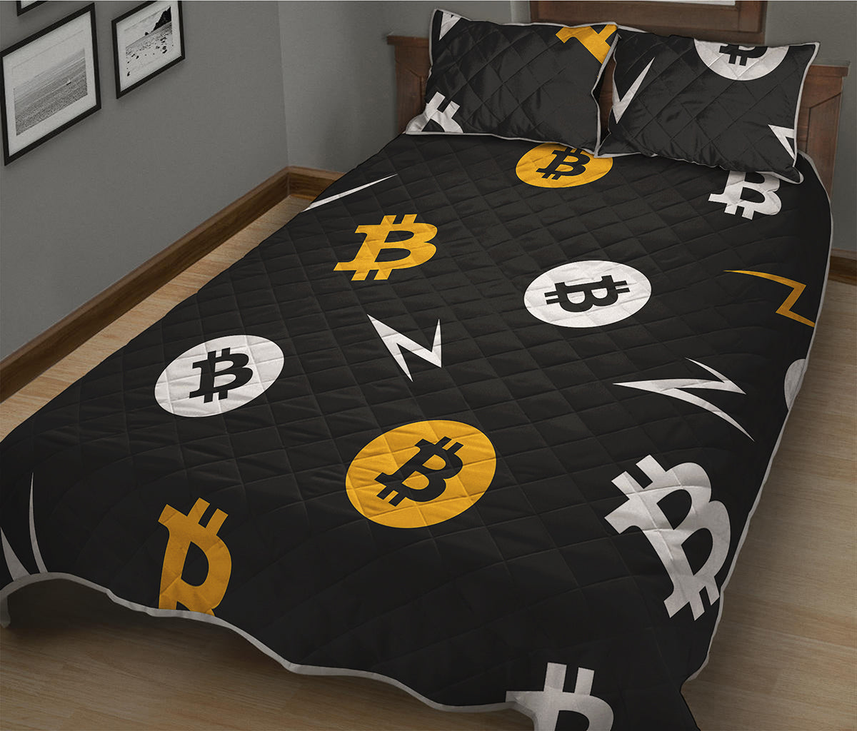 Bitcoin Symbol Pattern Print Quilt Bed Set