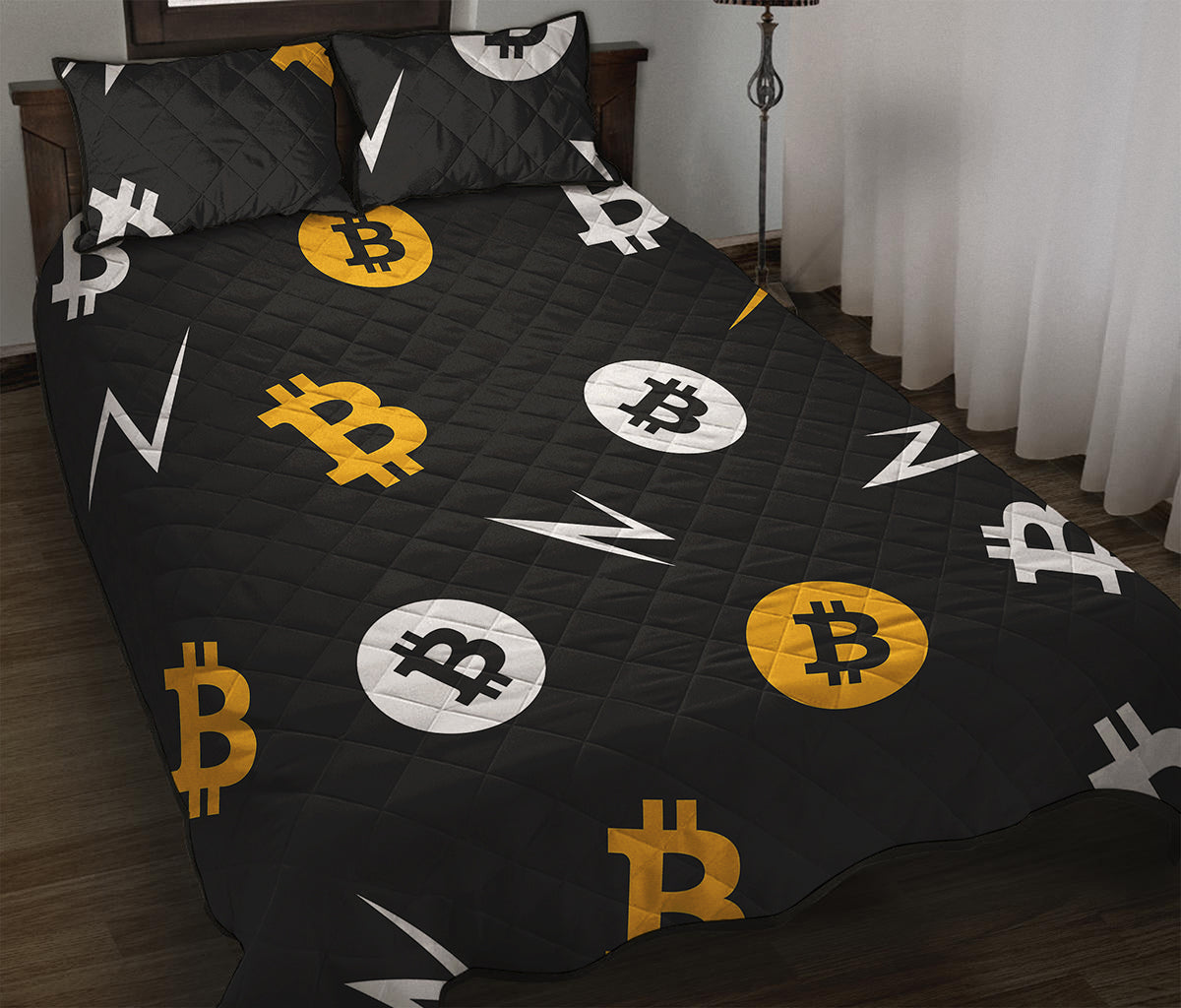 Bitcoin Symbol Pattern Print Quilt Bed Set