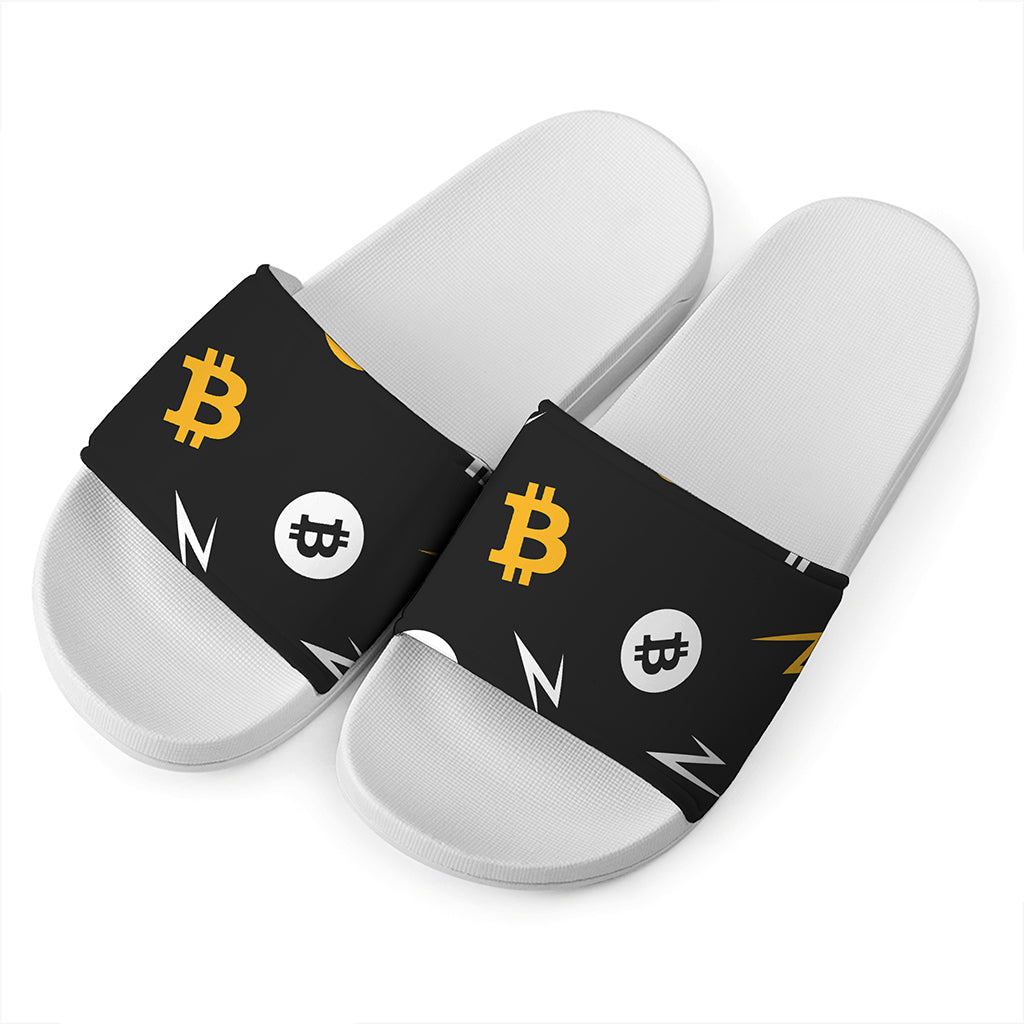 Bitcoin Symbol Pattern Print White Slide Sandals