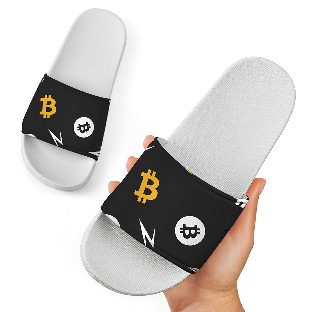 Bitcoin Symbol Pattern Print White Slide Sandals