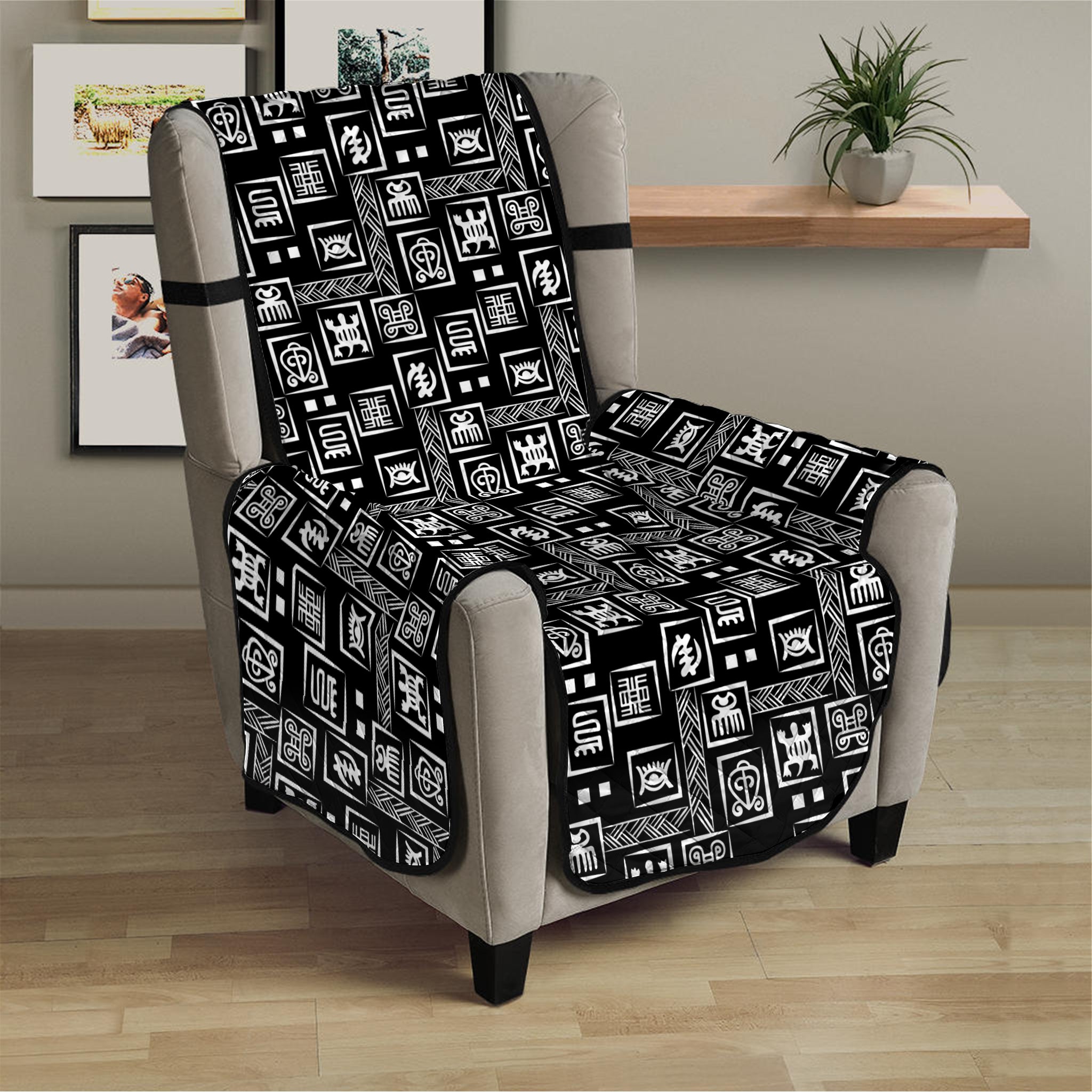 Black Adinkra Symbols Pattern Print Armchair Protector