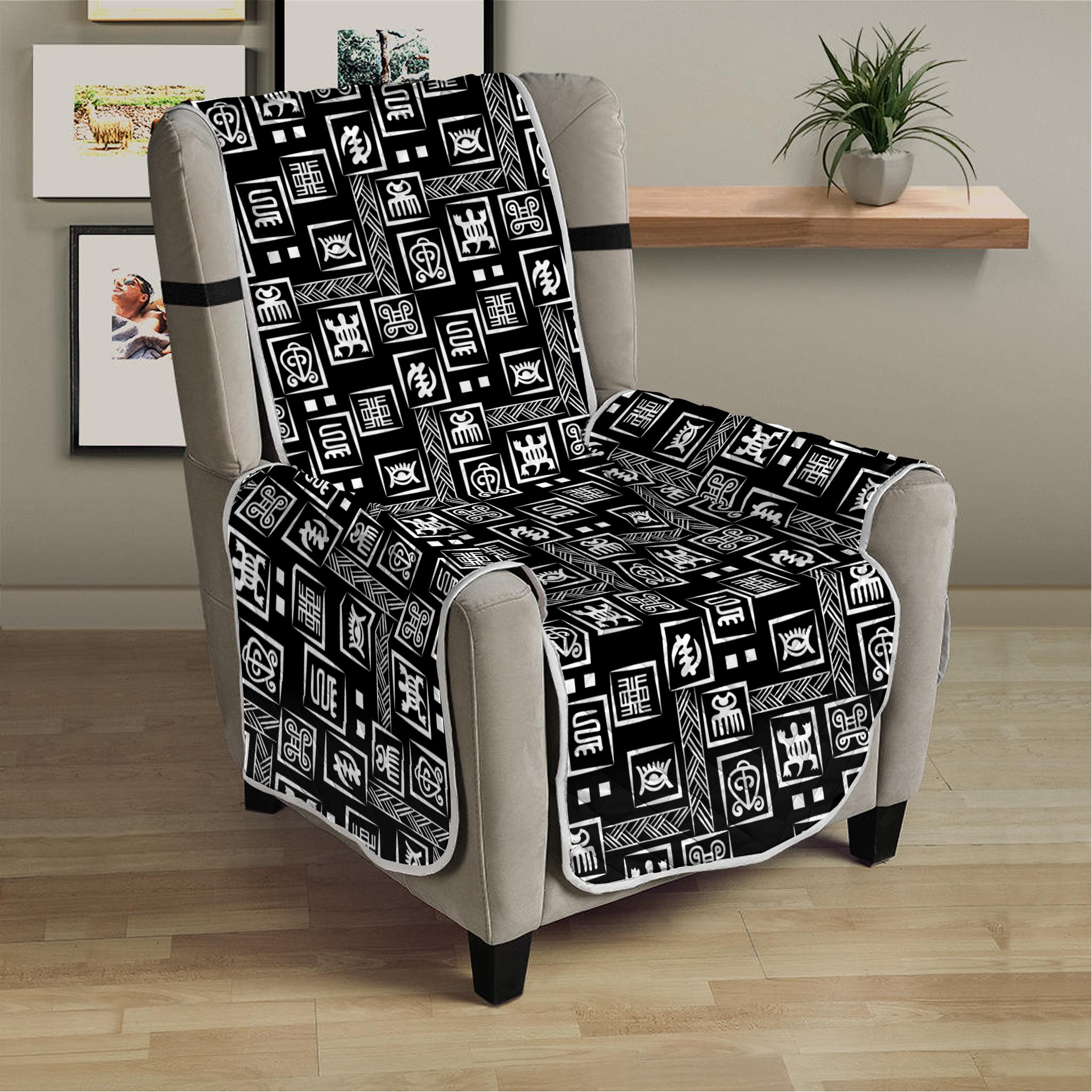 Black Adinkra Symbols Pattern Print Armchair Protector