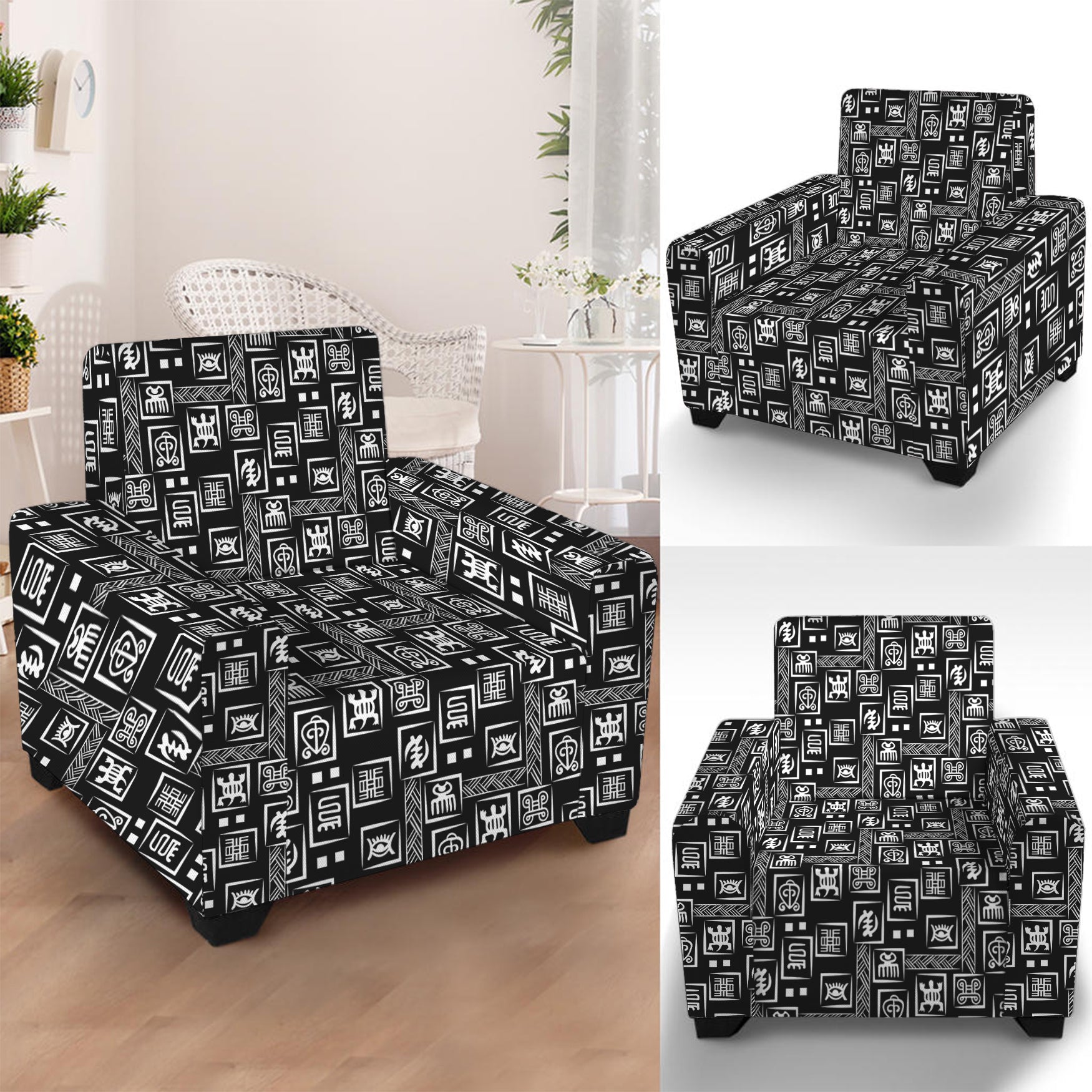 Black Adinkra Symbols Pattern Print Armchair Slipcover