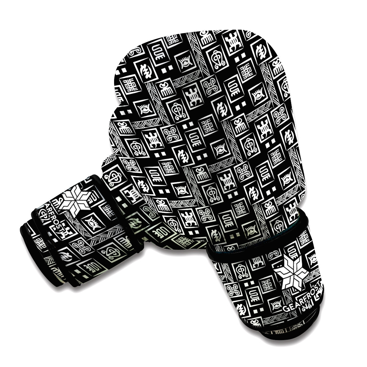 Black Adinkra Symbols Pattern Print Boxing Gloves