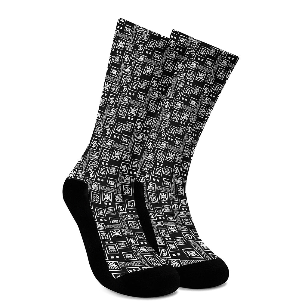 Black Adinkra Symbols Pattern Print Crew Socks