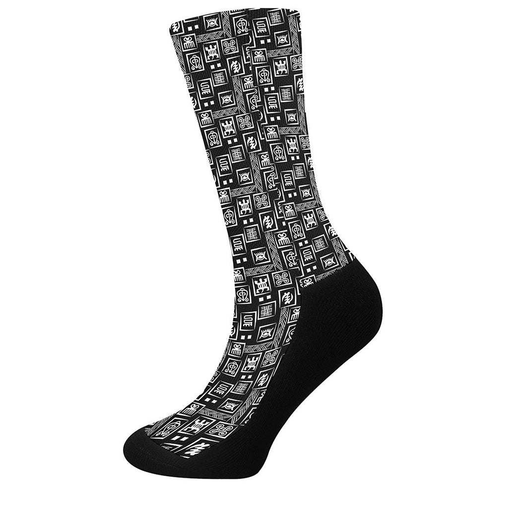 Black Adinkra Symbols Pattern Print Crew Socks