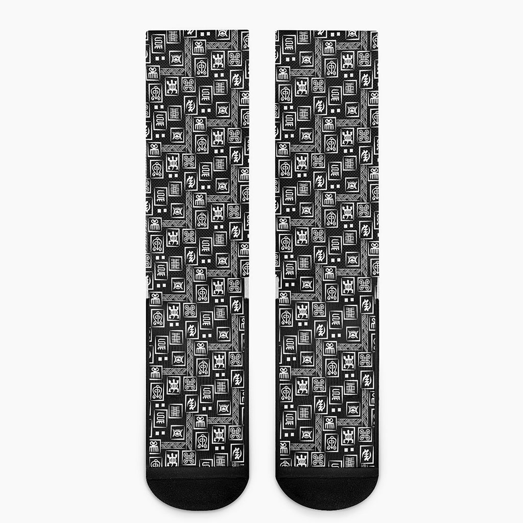 Black Adinkra Symbols Pattern Print Crew Socks