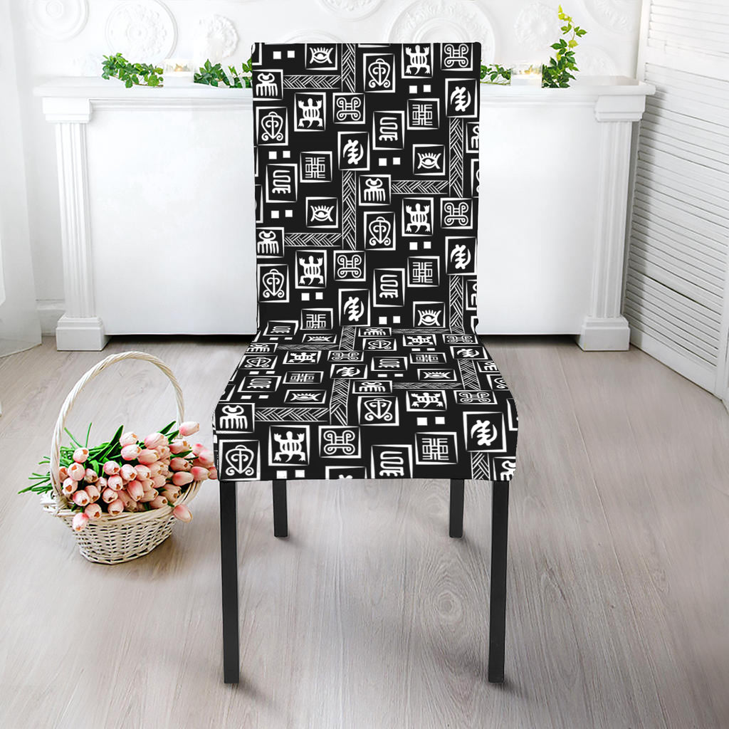 Black Adinkra Symbols Pattern Print Dining Chair Slipcover