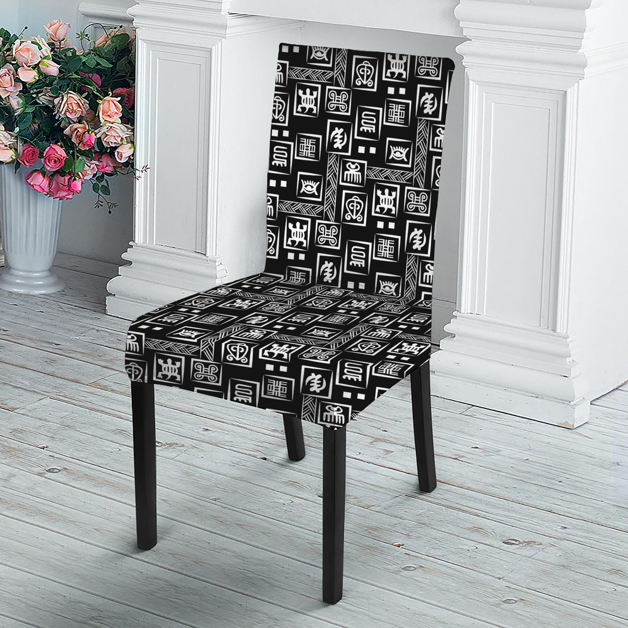 Black Adinkra Symbols Pattern Print Dining Chair Slipcover