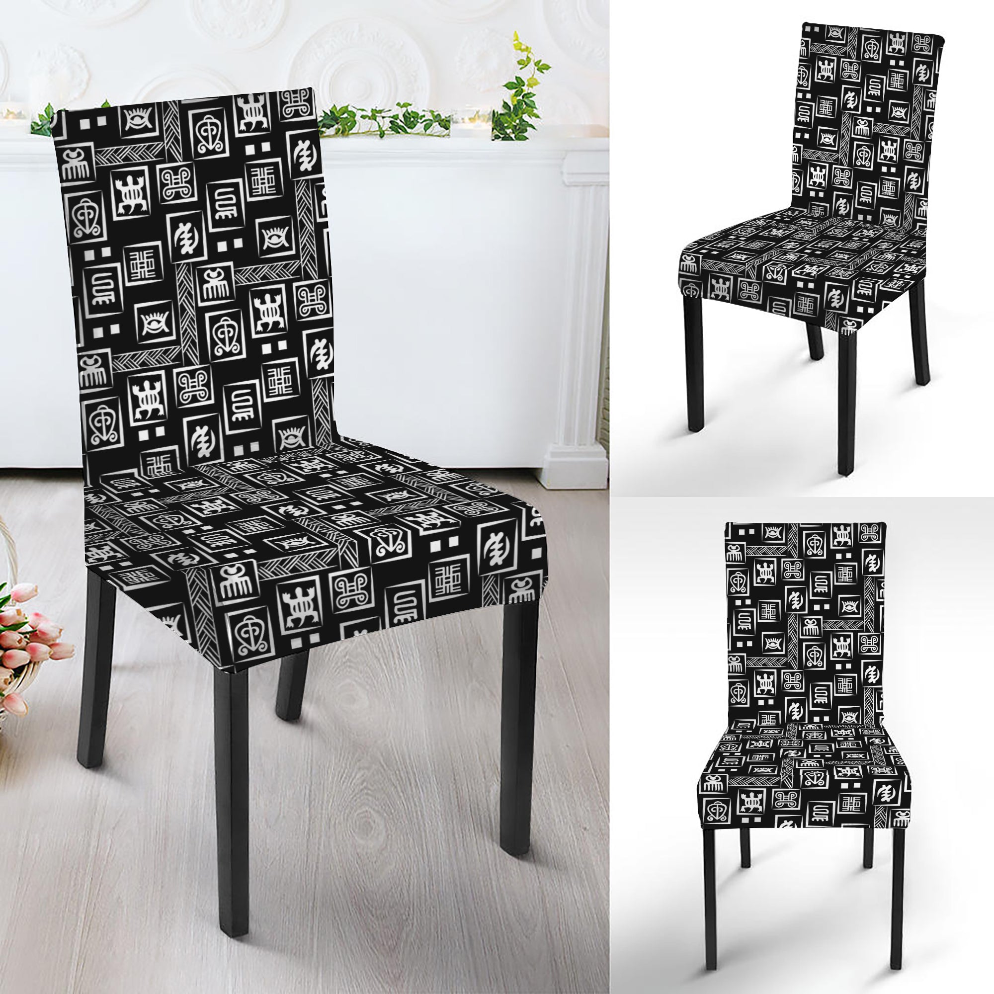 Black Adinkra Symbols Pattern Print Dining Chair Slipcover