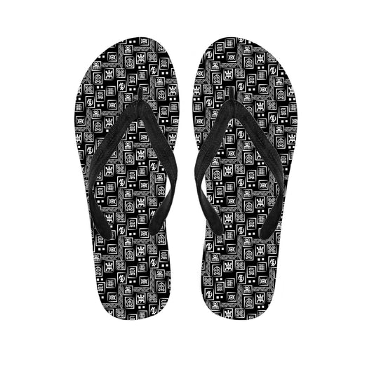 Black Adinkra Symbols Pattern Print Flip Flops