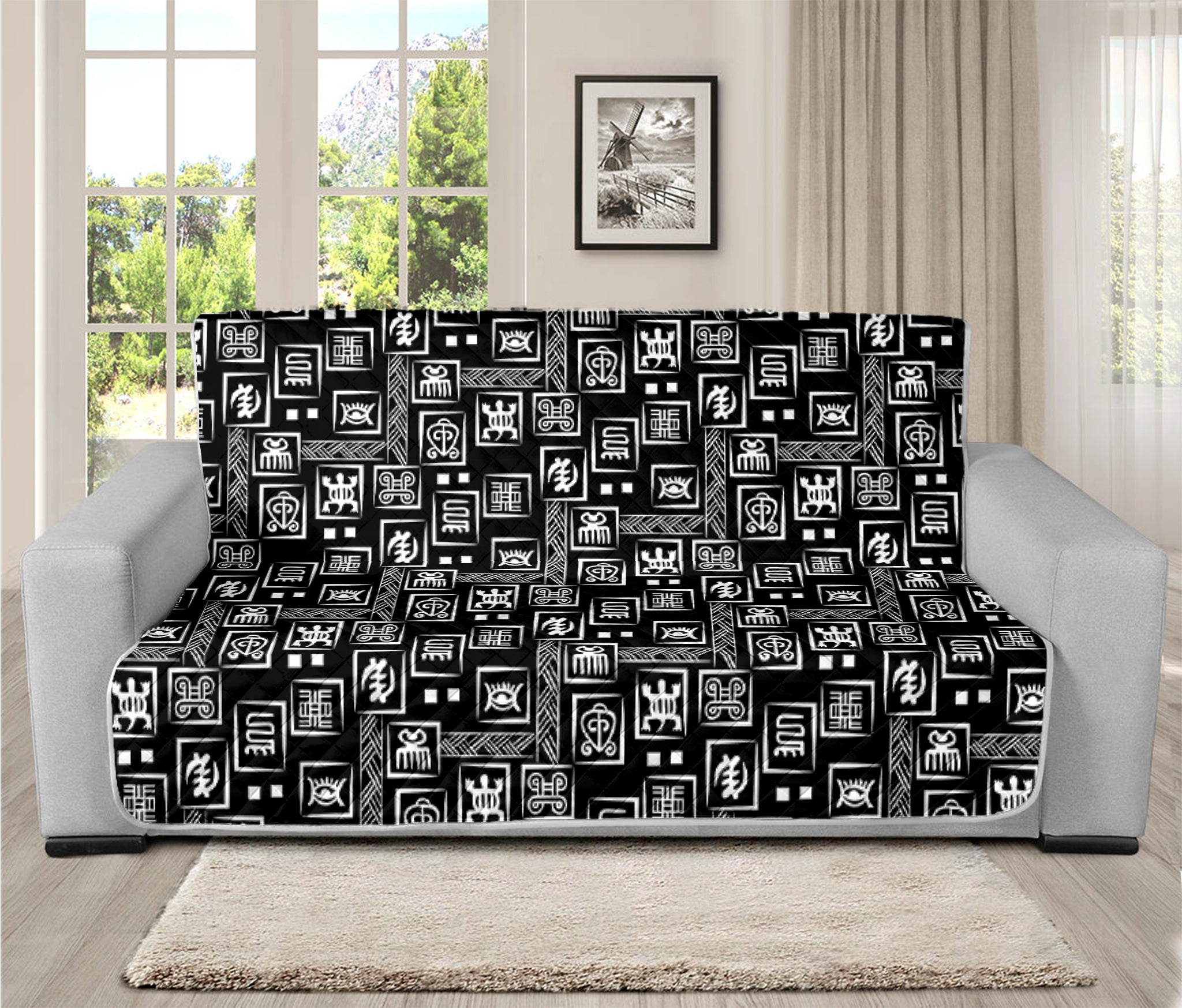 Black Adinkra Symbols Pattern Print Futon Protector