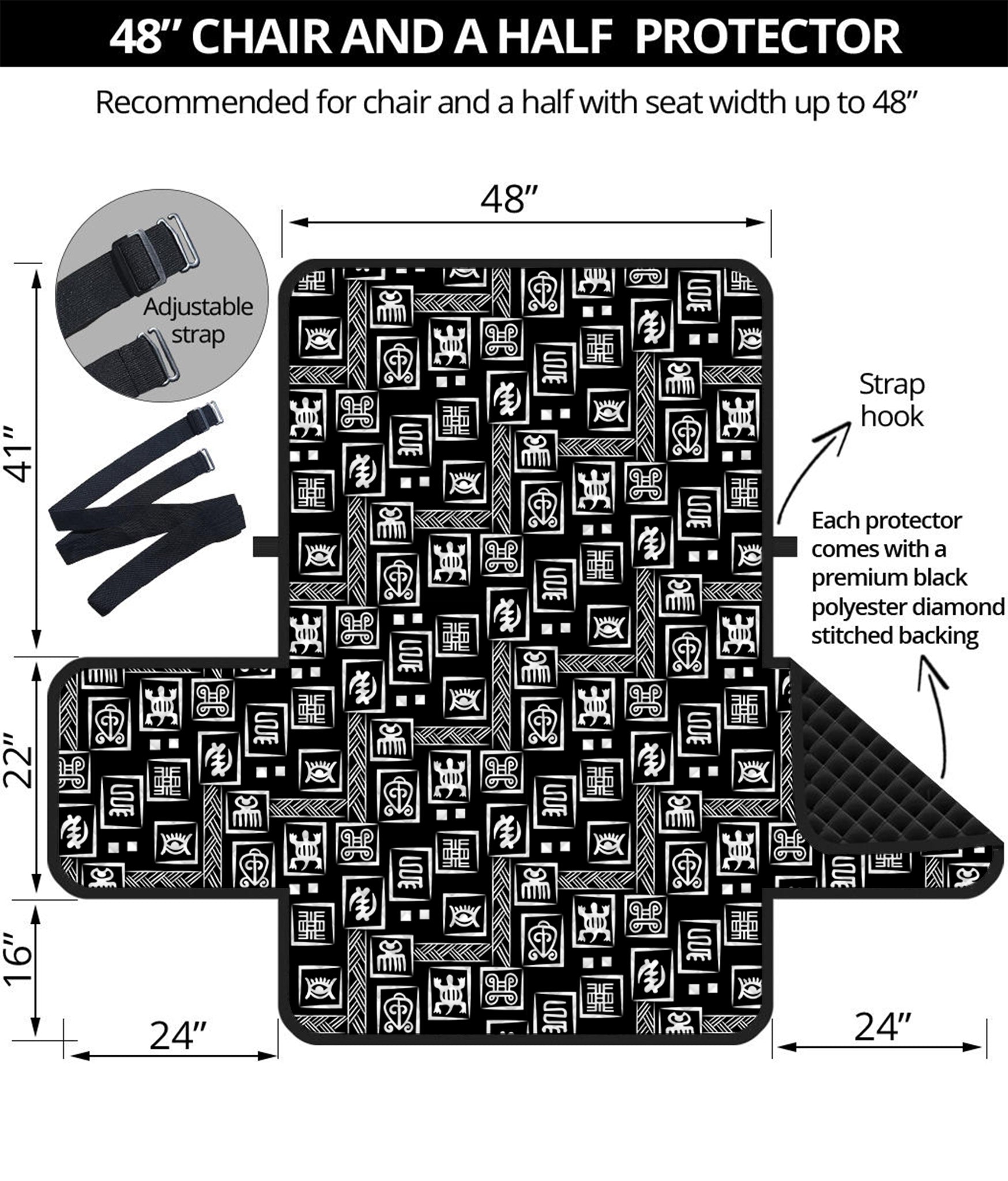 Black Adinkra Symbols Pattern Print Half Sofa Protector