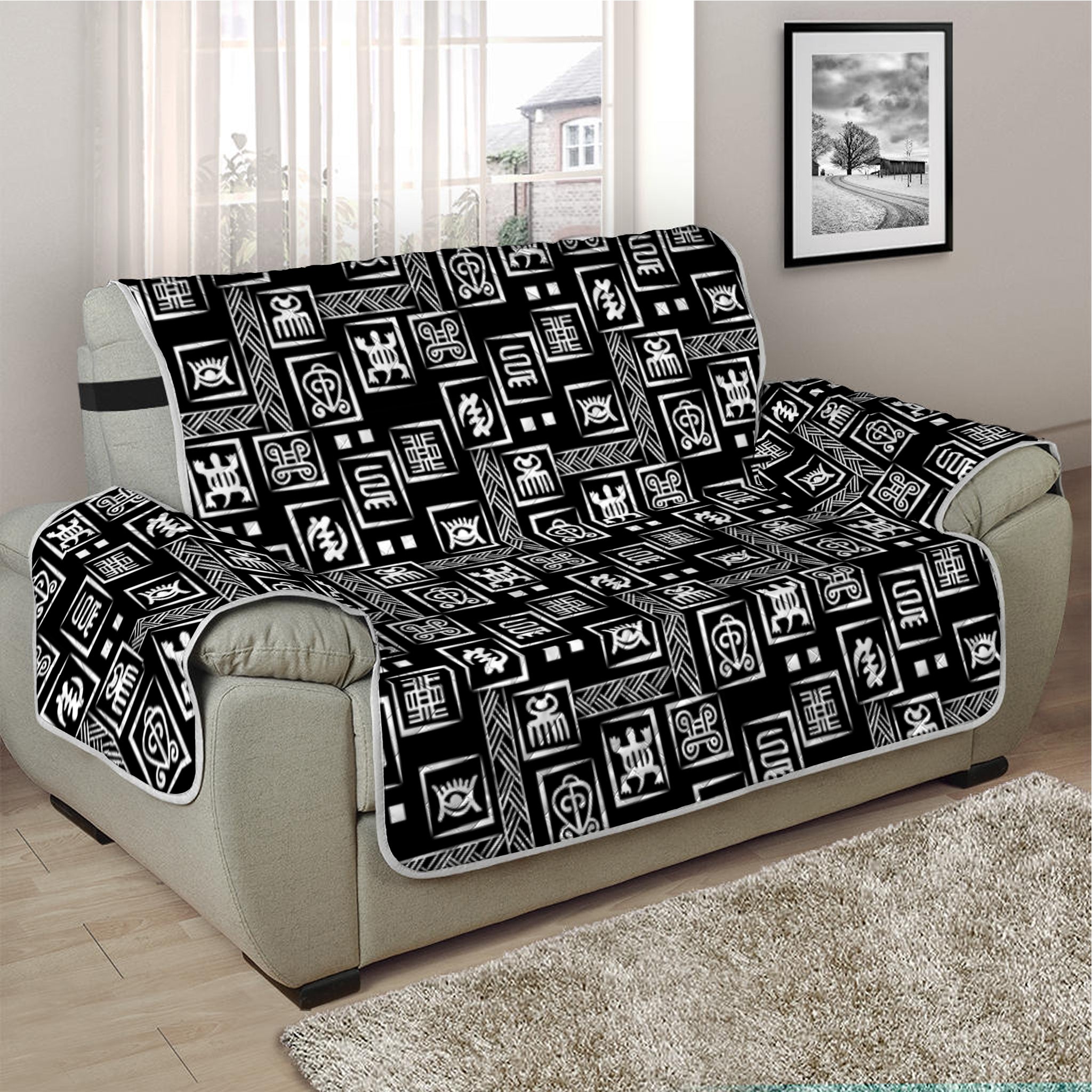 Black Adinkra Symbols Pattern Print Half Sofa Protector