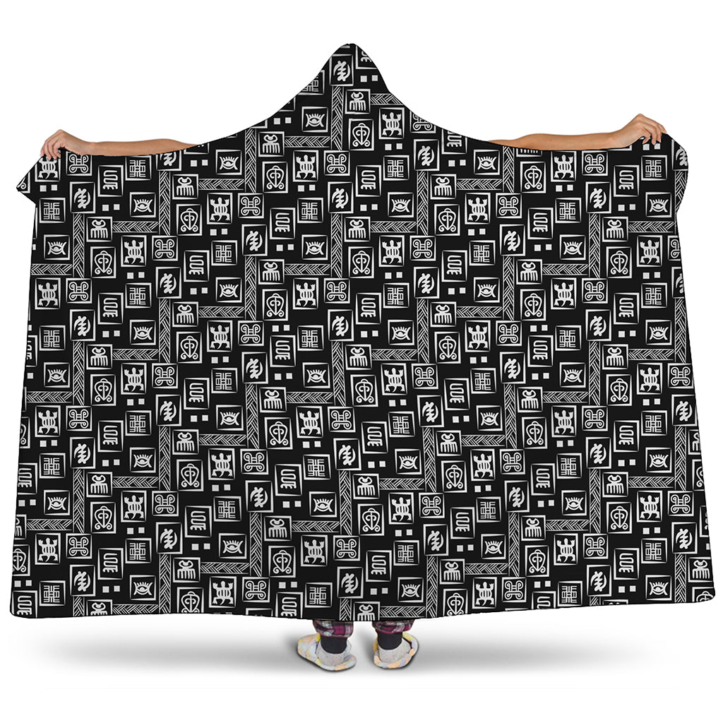 Black Adinkra Symbols Pattern Print Hooded Blanket