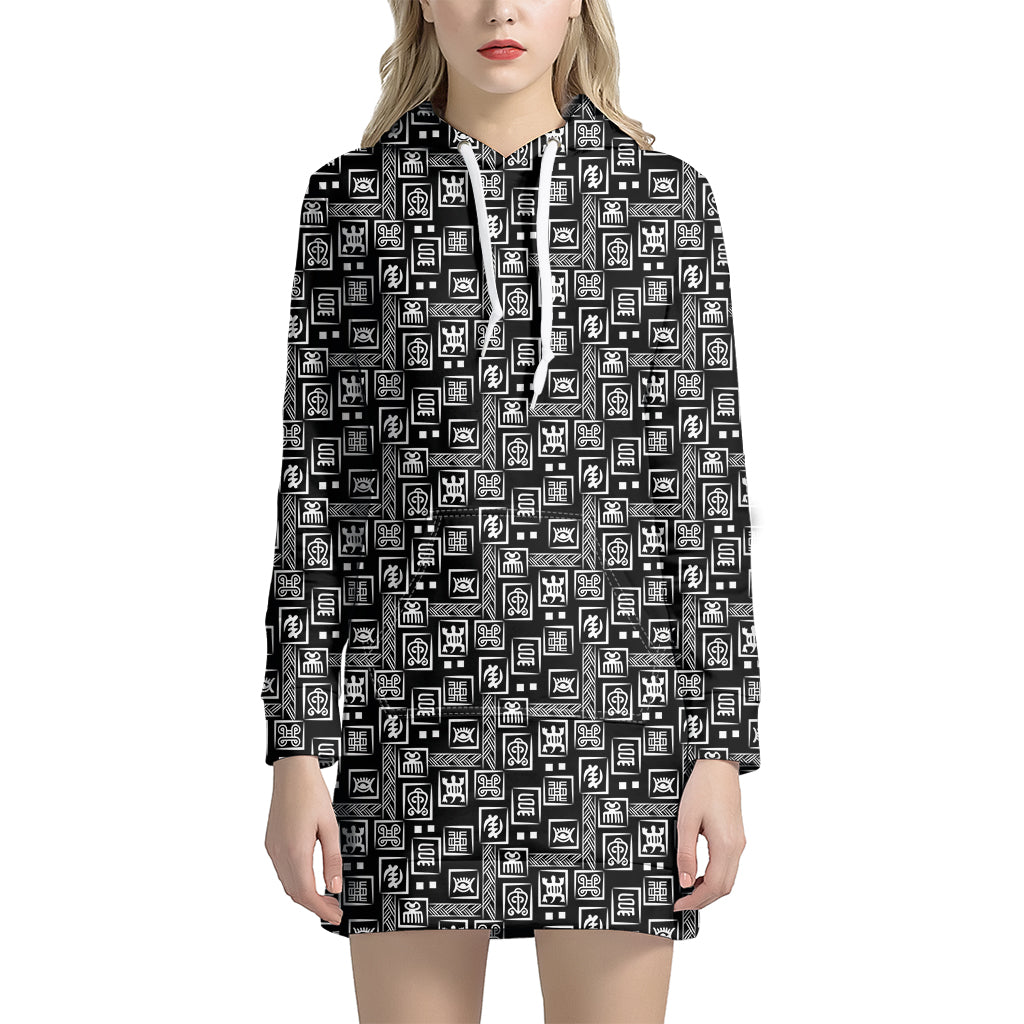 Black Adinkra Symbols Pattern Print Hoodie Dress