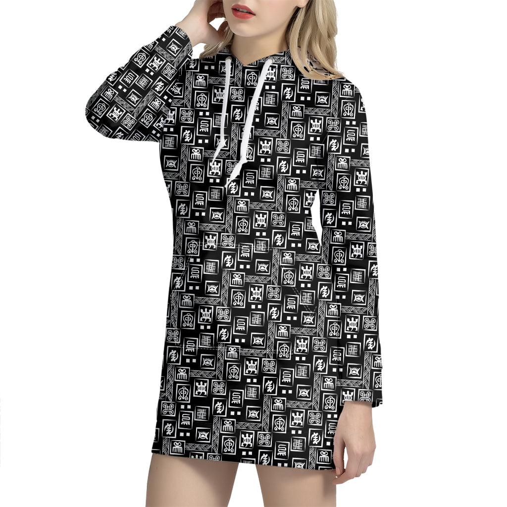 Black Adinkra Symbols Pattern Print Hoodie Dress