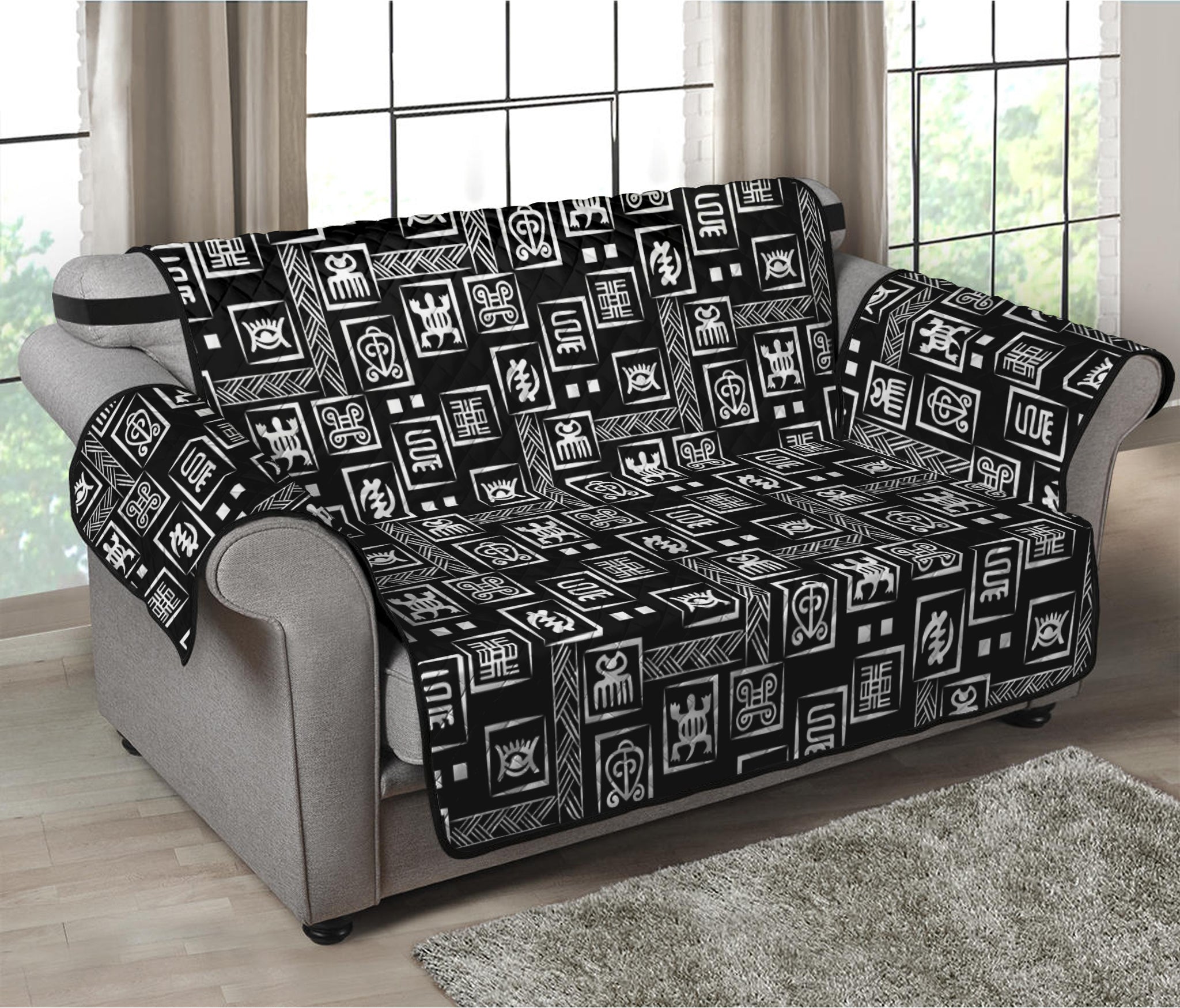 Black Adinkra Symbols Pattern Print Loveseat Protector