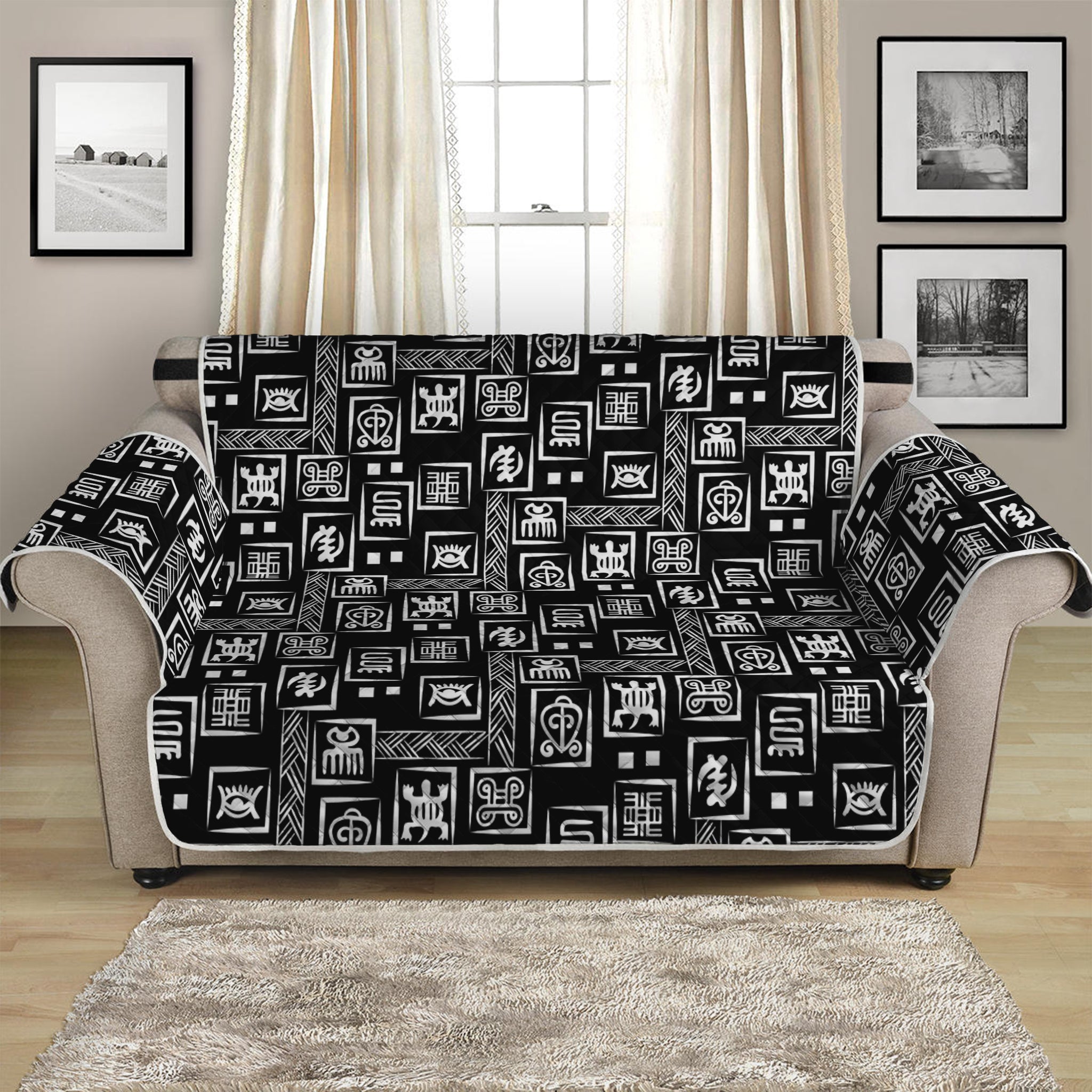 Black Adinkra Symbols Pattern Print Loveseat Protector