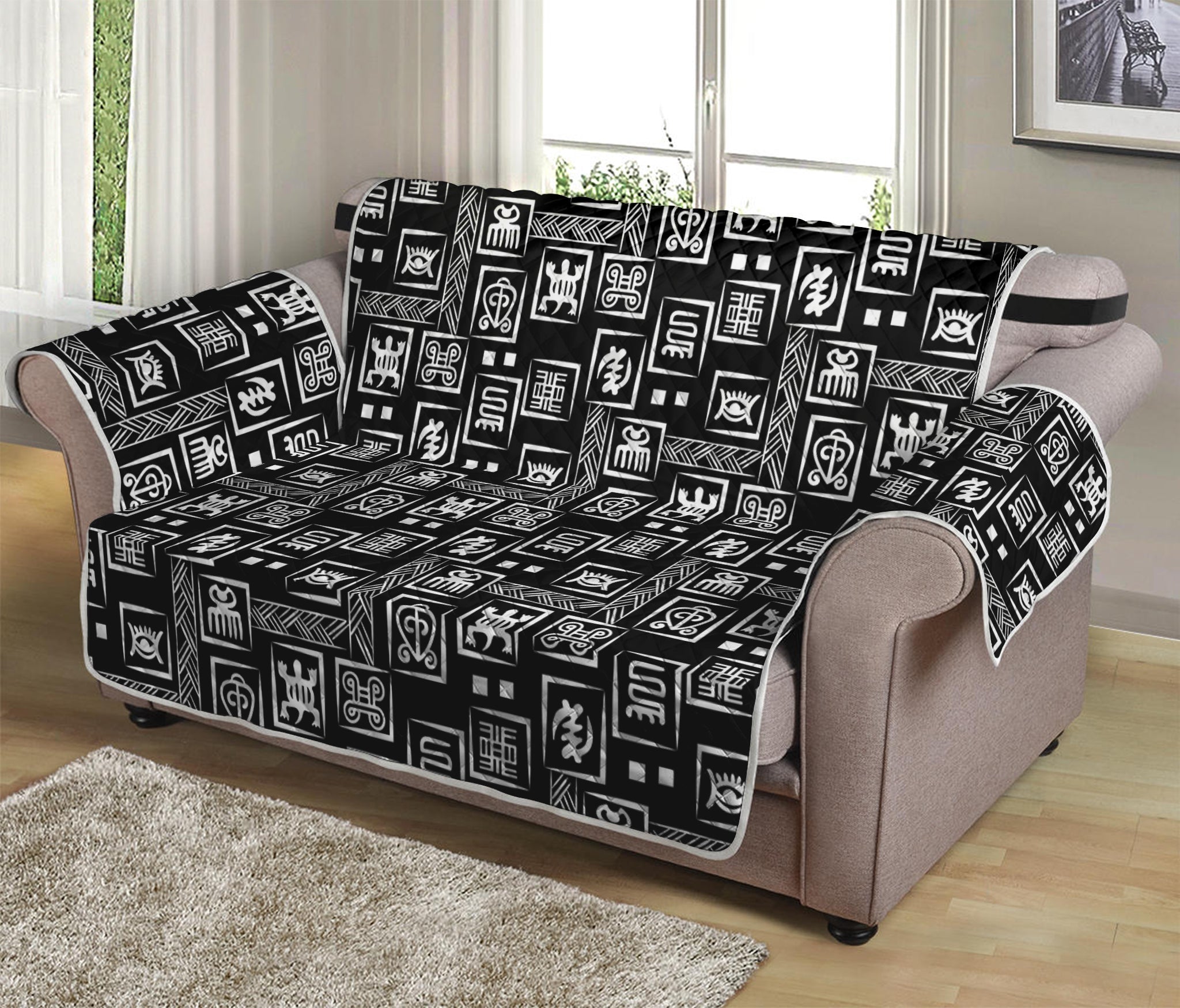 Black Adinkra Symbols Pattern Print Loveseat Protector