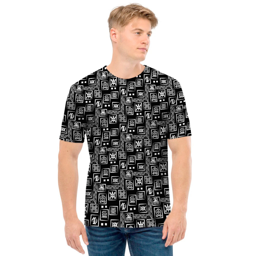 Black Adinkra Symbols Pattern Print Men's T-Shirt