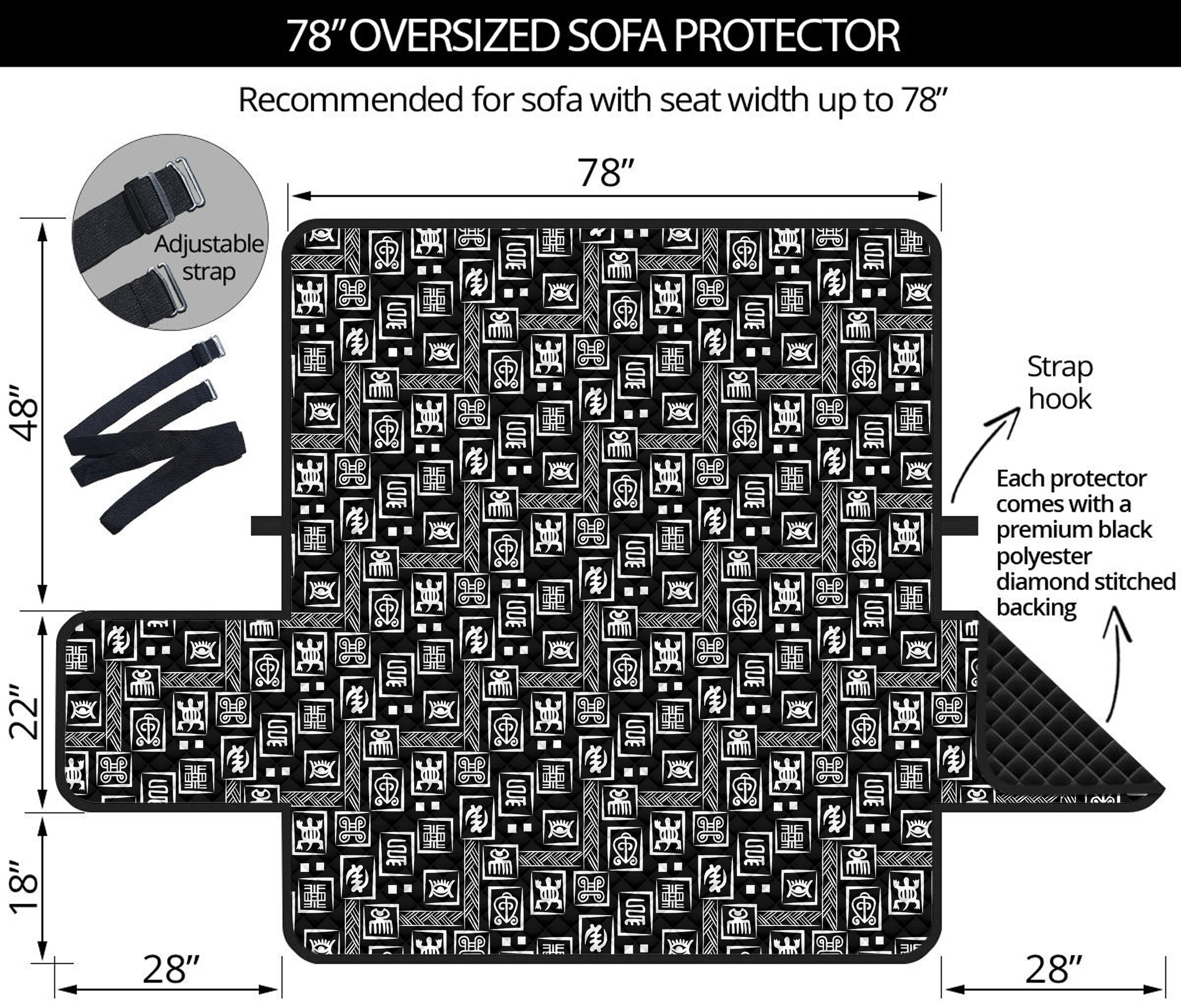 Black Adinkra Symbols Pattern Print Oversized Sofa Protector