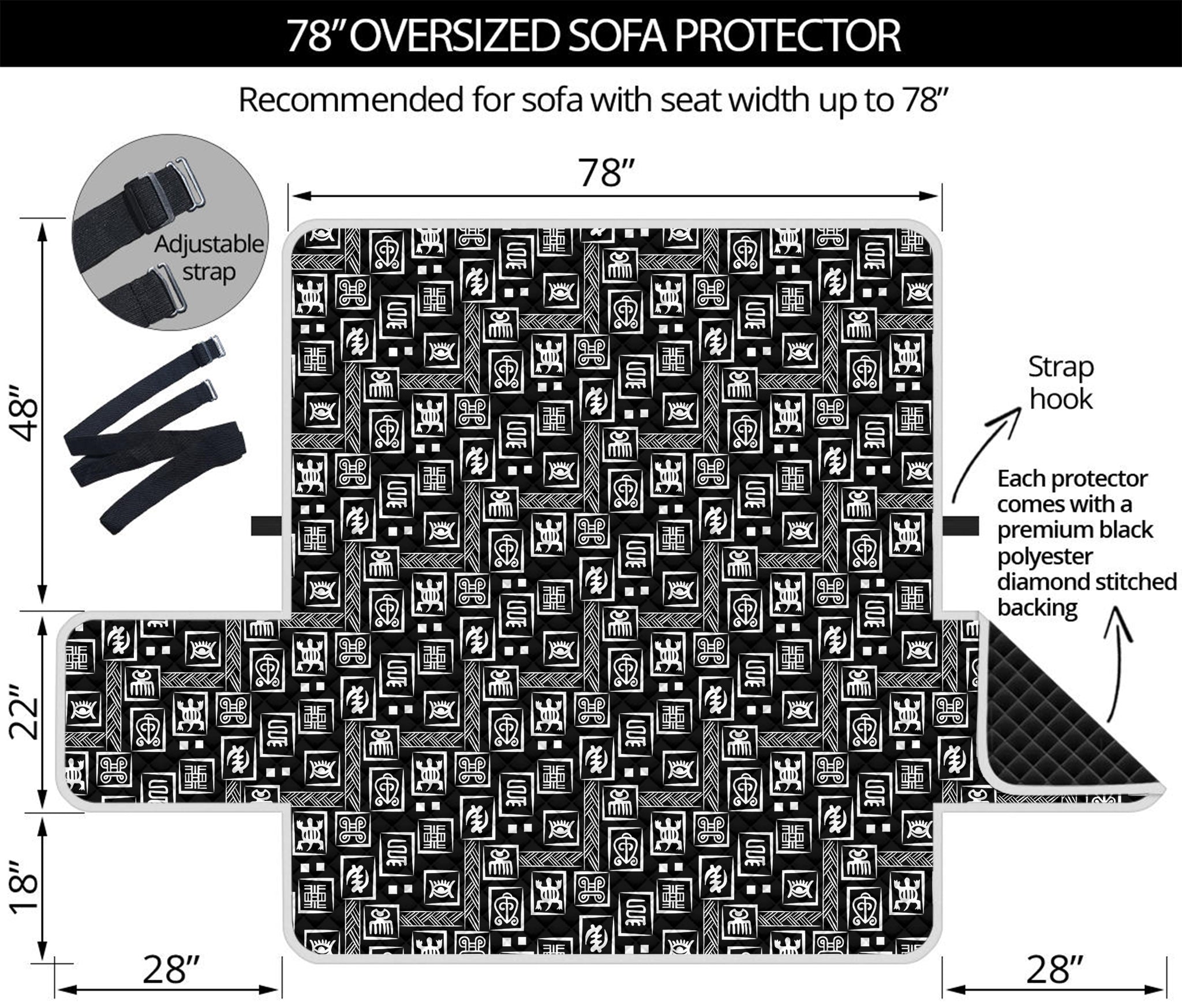 Black Adinkra Symbols Pattern Print Oversized Sofa Protector