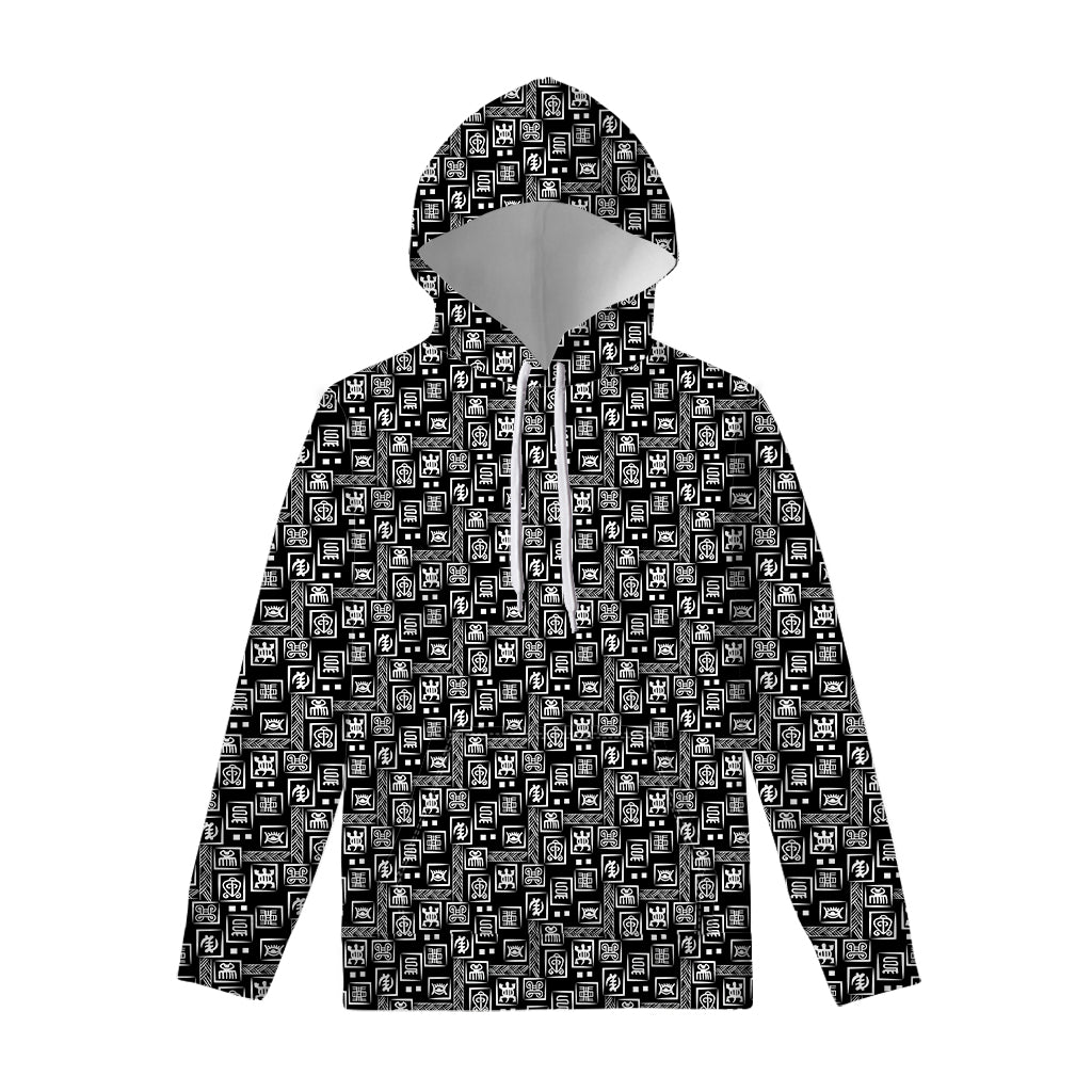 Black Adinkra Symbols Pattern Print Pullover Hoodie