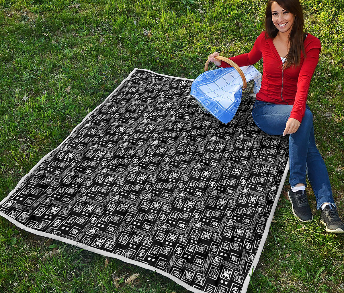 Black Adinkra Symbols Pattern Print Quilt