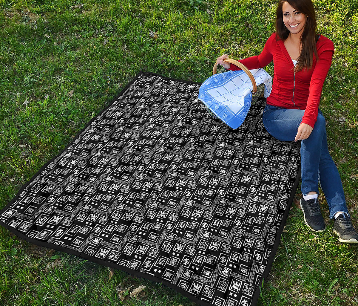 Black Adinkra Symbols Pattern Print Quilt