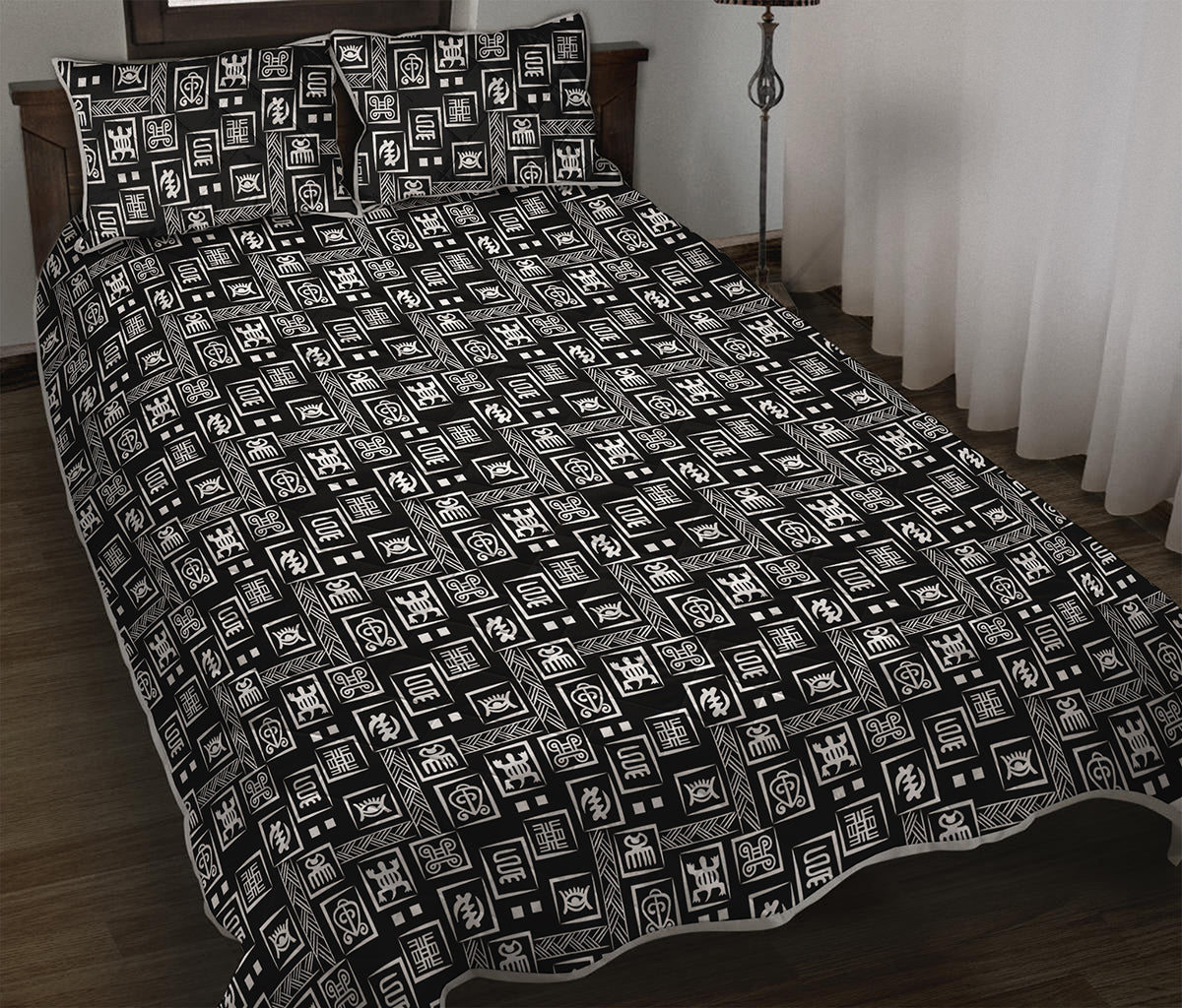 Black Adinkra Symbols Pattern Print Quilt Bed Set