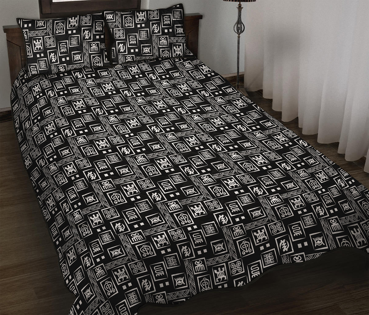 Black Adinkra Symbols Pattern Print Quilt Bed Set