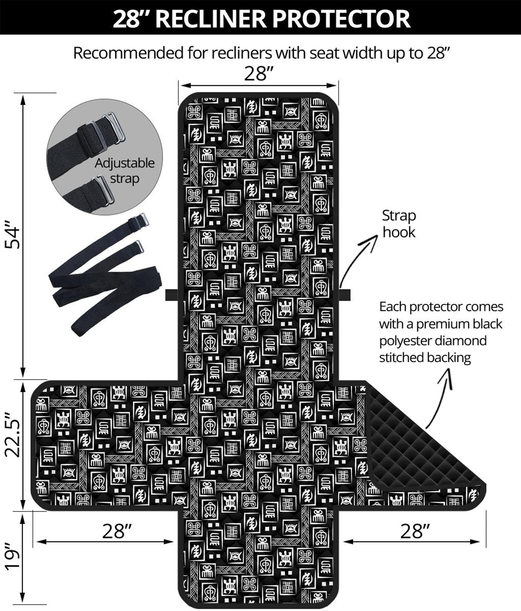 Black Adinkra Symbols Pattern Print Recliner Protector