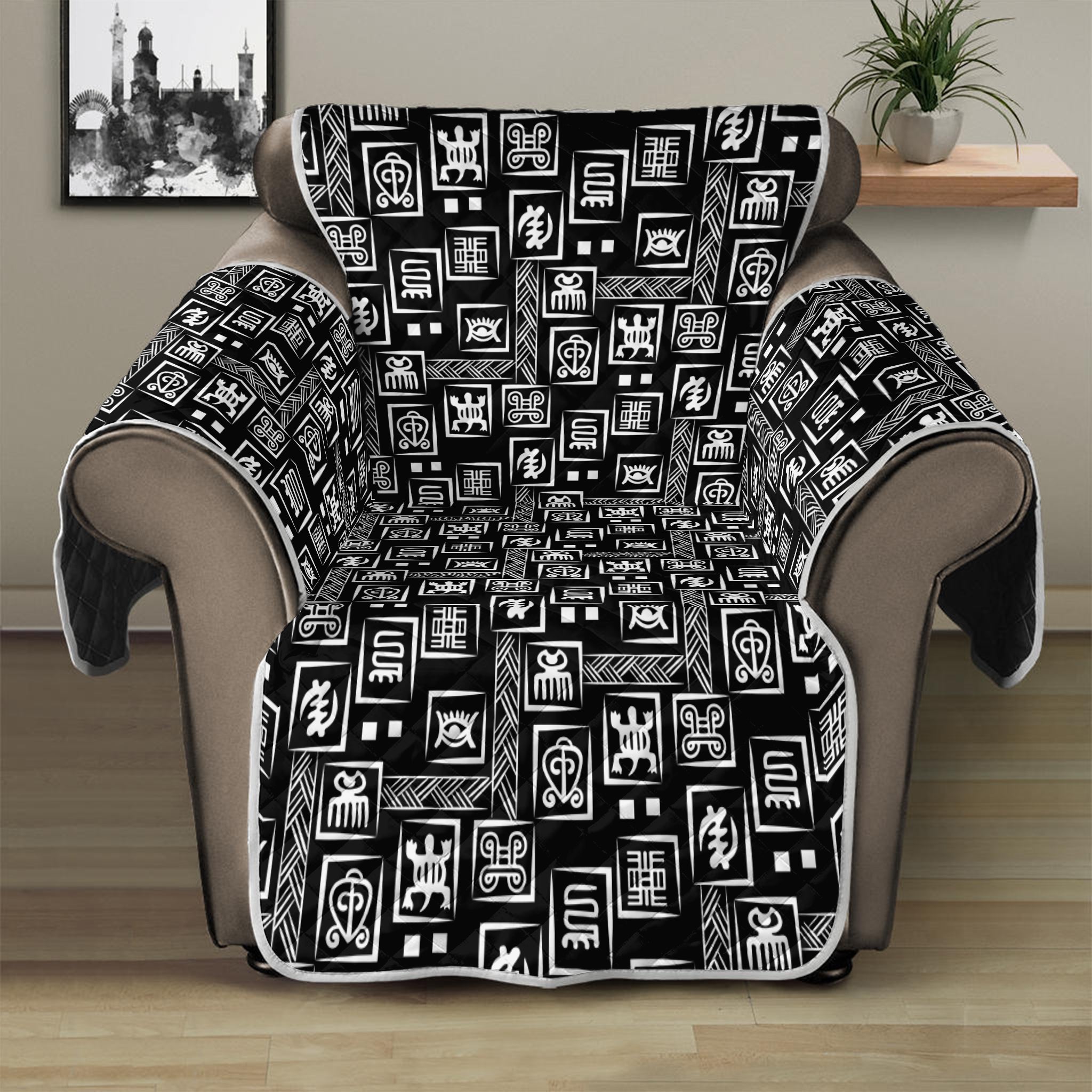 Black Adinkra Symbols Pattern Print Recliner Protector