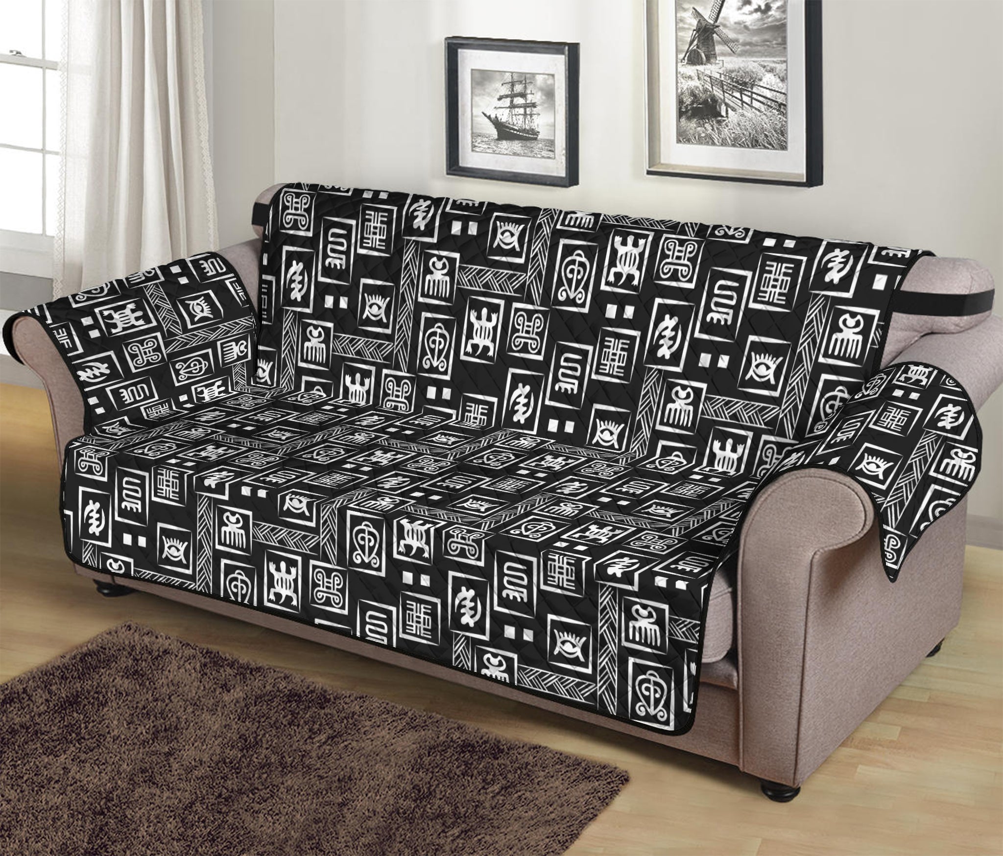 Black Adinkra Symbols Pattern Print Sofa Protector