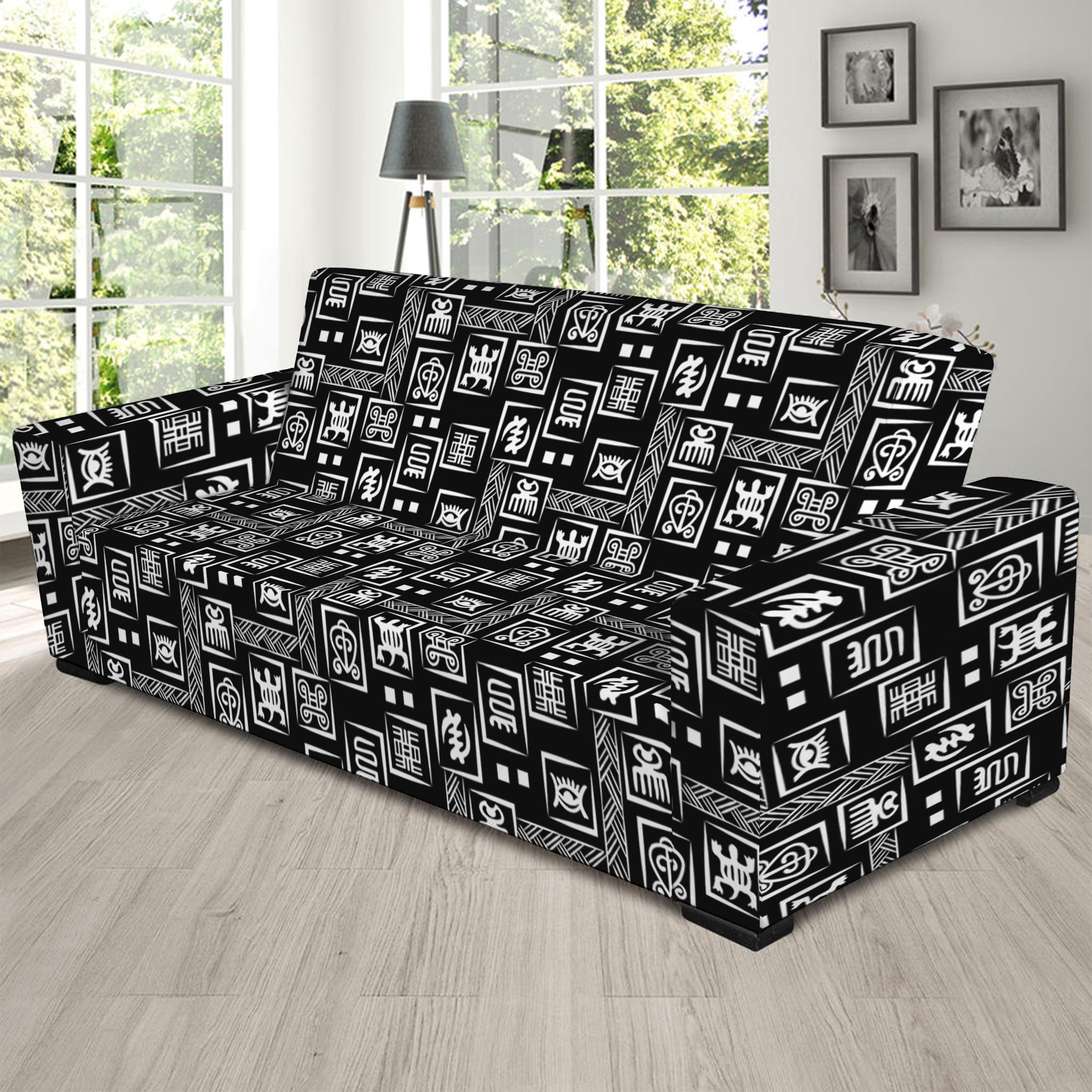 Black Adinkra Symbols Pattern Print Sofa Slipcover