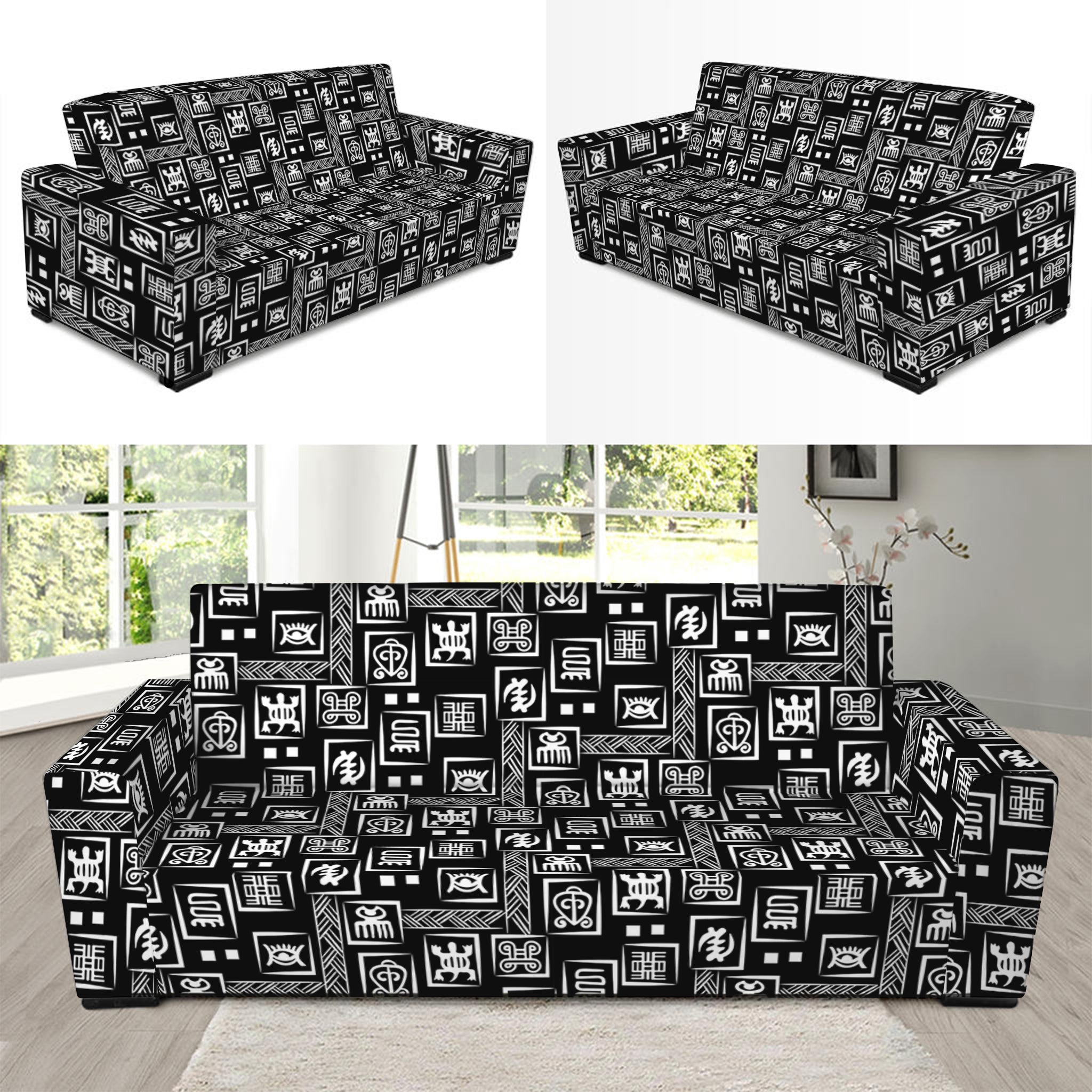 Black Adinkra Symbols Pattern Print Sofa Slipcover