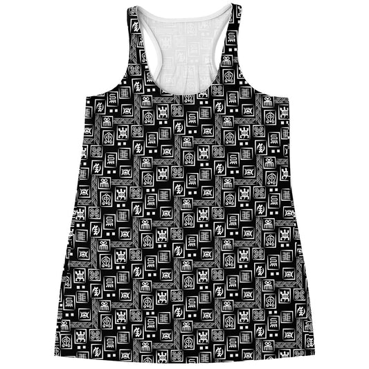 Black Adinkra Symbols Pattern Print Women's Racerback Tank Top
