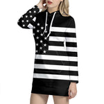 Black American Flag Print Pullover Hoodie Dress