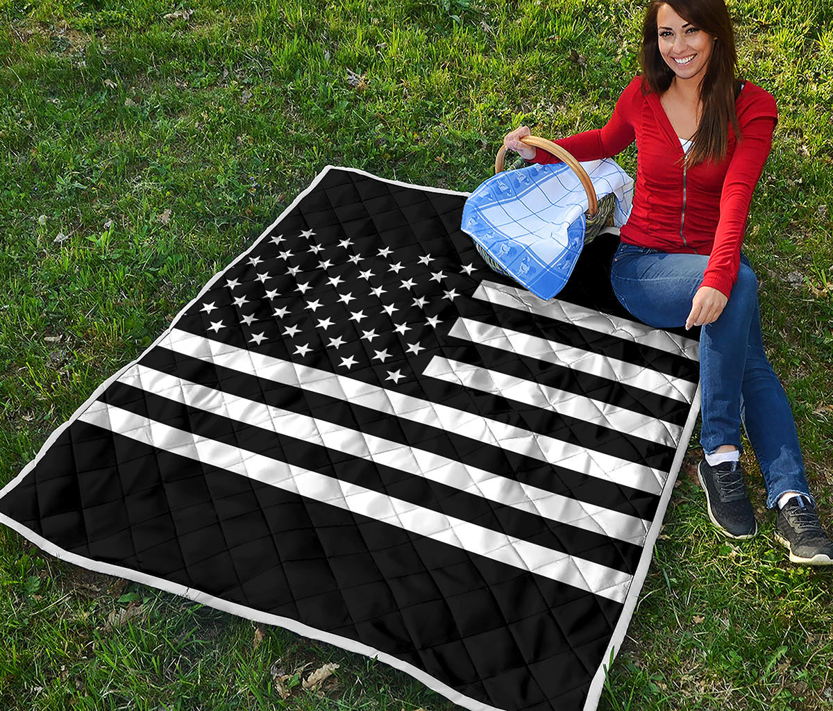 Black American Flag Print Quilt