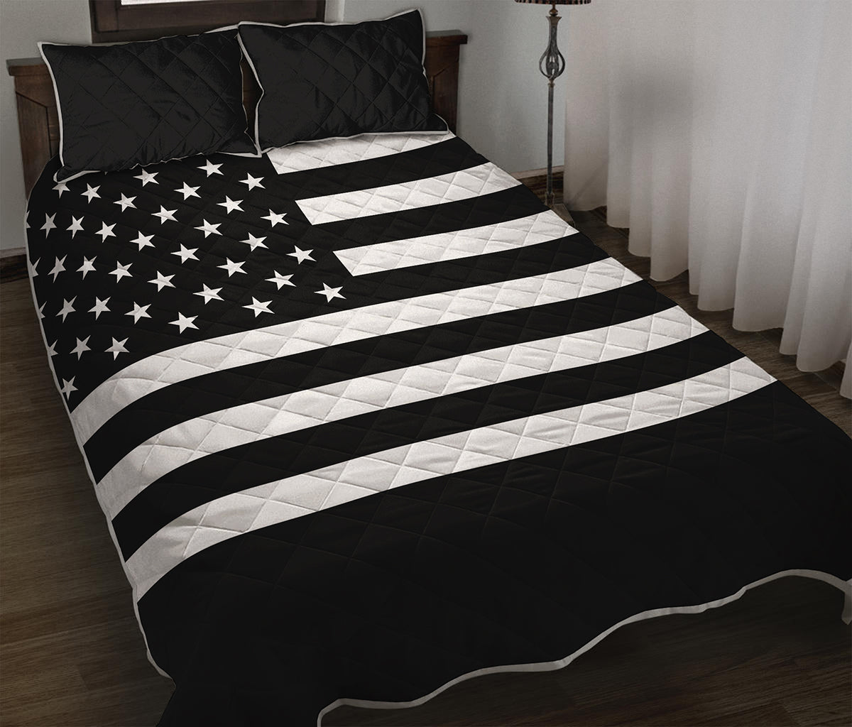 Black American Flag Print Quilt Bed Set