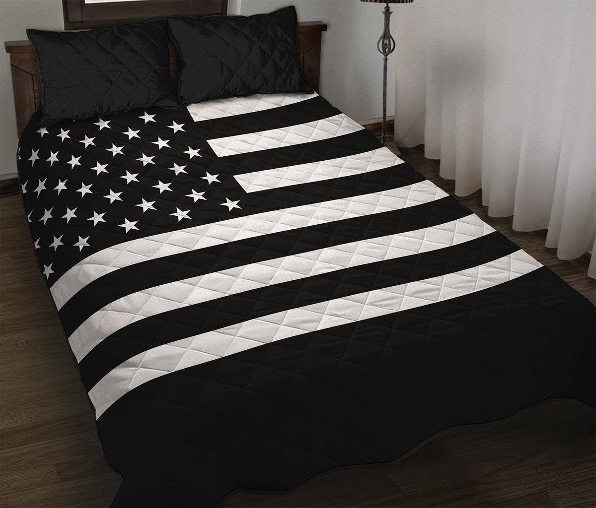 Black American Flag Print Quilt Bed Set