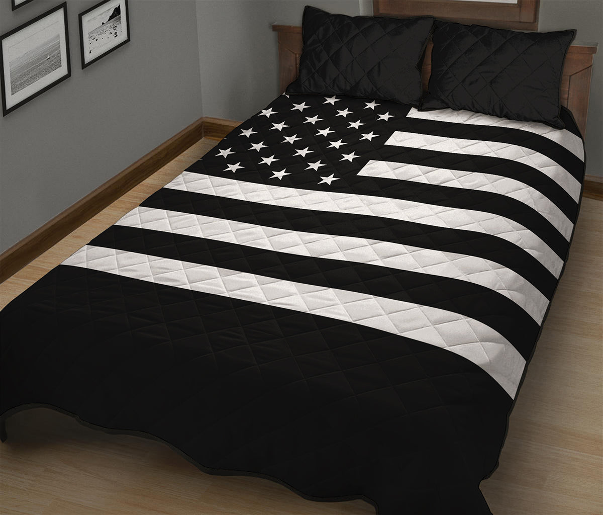 Black American Flag Print Quilt Bed Set